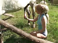 Once innocent blonde college girl using her hands to pleasure and stroke an enormous beast