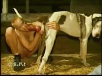 Short-haired athlete is getting banged by her dog