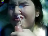 Cumming on big titted girl's face then making her suck him off