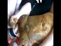 Shit covered amateur in sexy leather knee high boots naked and being fucked in fresh wet scat